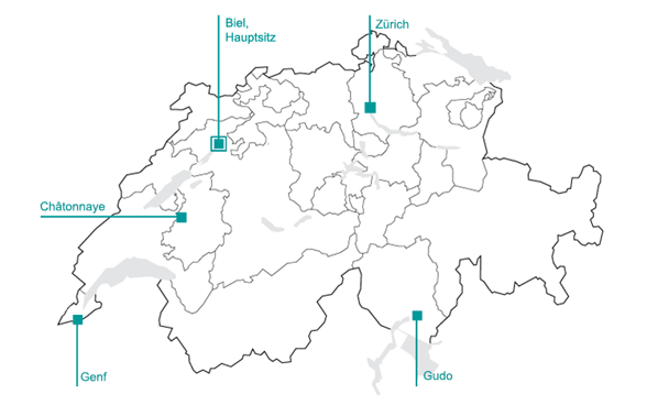 Das BAKOM verfügt über Stützpunkte in der ganzen Schweiz: Bienne (BE, Hauptsitz), Zürich + Zürich-Höngg (ZH), Gudo (Ti), Genf (GE), Bernex (GE), Châtonnaye (FR)
